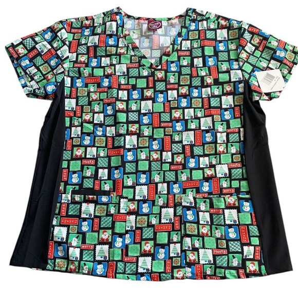 Divine Scrubs by JDM Women's Christmas Scrub Top Size 2X- Santa & Snowman - Picture 1 of 4